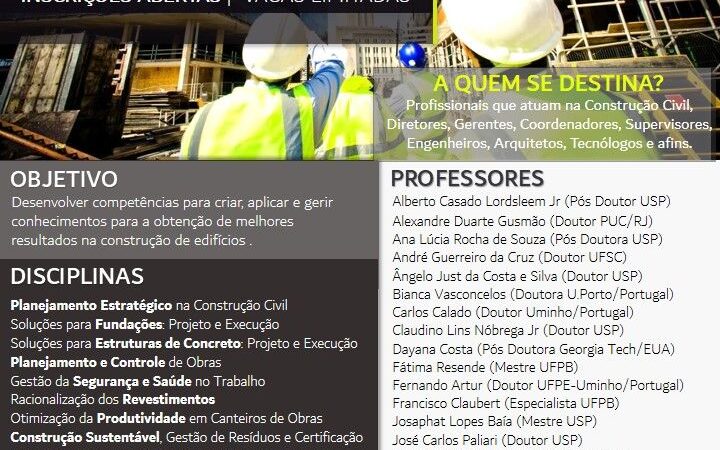 ÚLTIMAS VAGAS – MBA em Tecnologia e Gestão da Construção de Edifícios da POLI/UPE